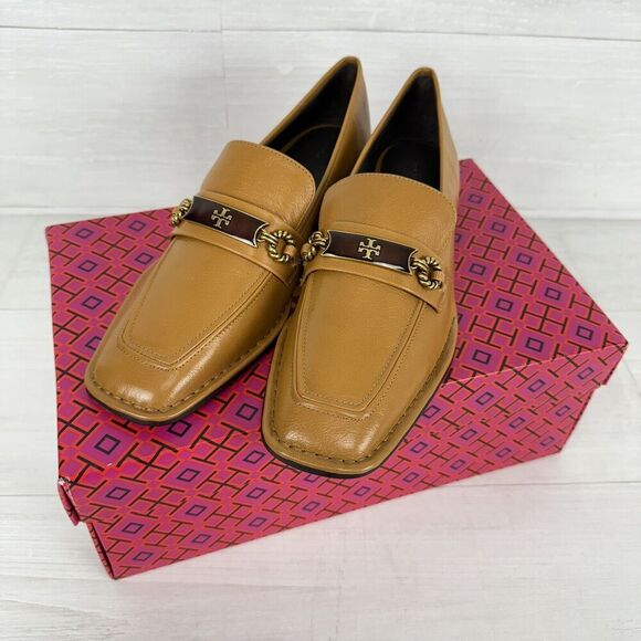 Tory Burch Size 8.5 Perrine Loafer Shoes Square Toe Block Heel Caramel Corn NEW - Picture 13 of 15